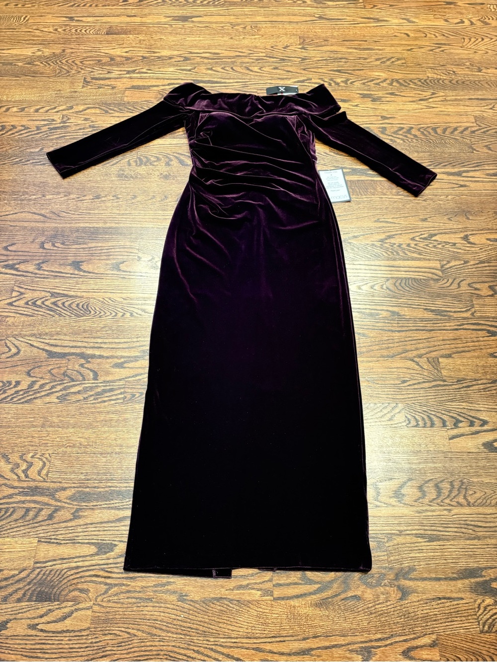Xscape Off-Shoulder Velvet Maxi Dress in Plum/Maroon MOB/MOG - Picture 3 of 9